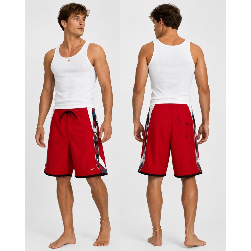 Nike Mens Board Shorts Swim Trunks Red Graphic Side Panels‎ Mesh Lining Large